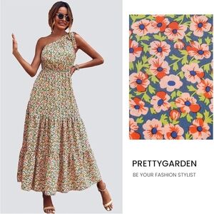 PRETTYGARDEN One-Shoulder Floral Dress - Blue and Pink